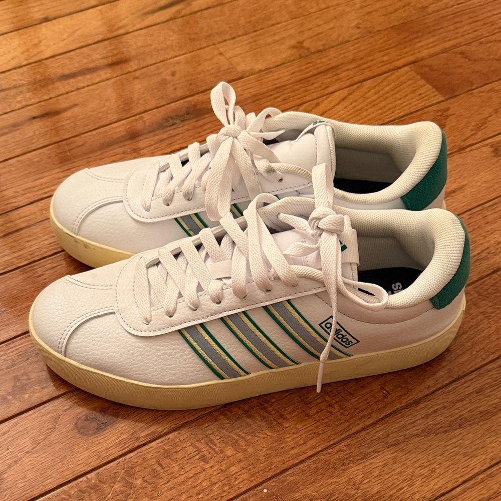 Adidas White Sneakers with Green and Yellow Accents